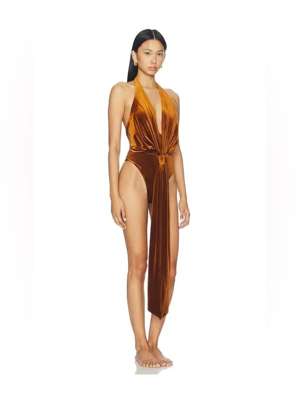 NWT SER.O.YA Vika Velvet Bodysuit Sleeveless Halterneck Brown Orange Marigold XS - Picture 3 of 8